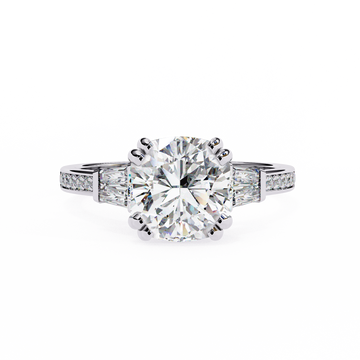 Cushion Cut Diamond Ring with Trapezoid Side Stones