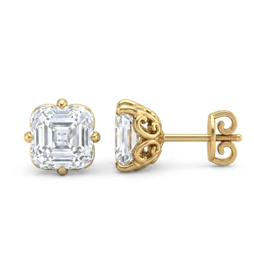 Asscher Cut Scroll Solitaire Studs