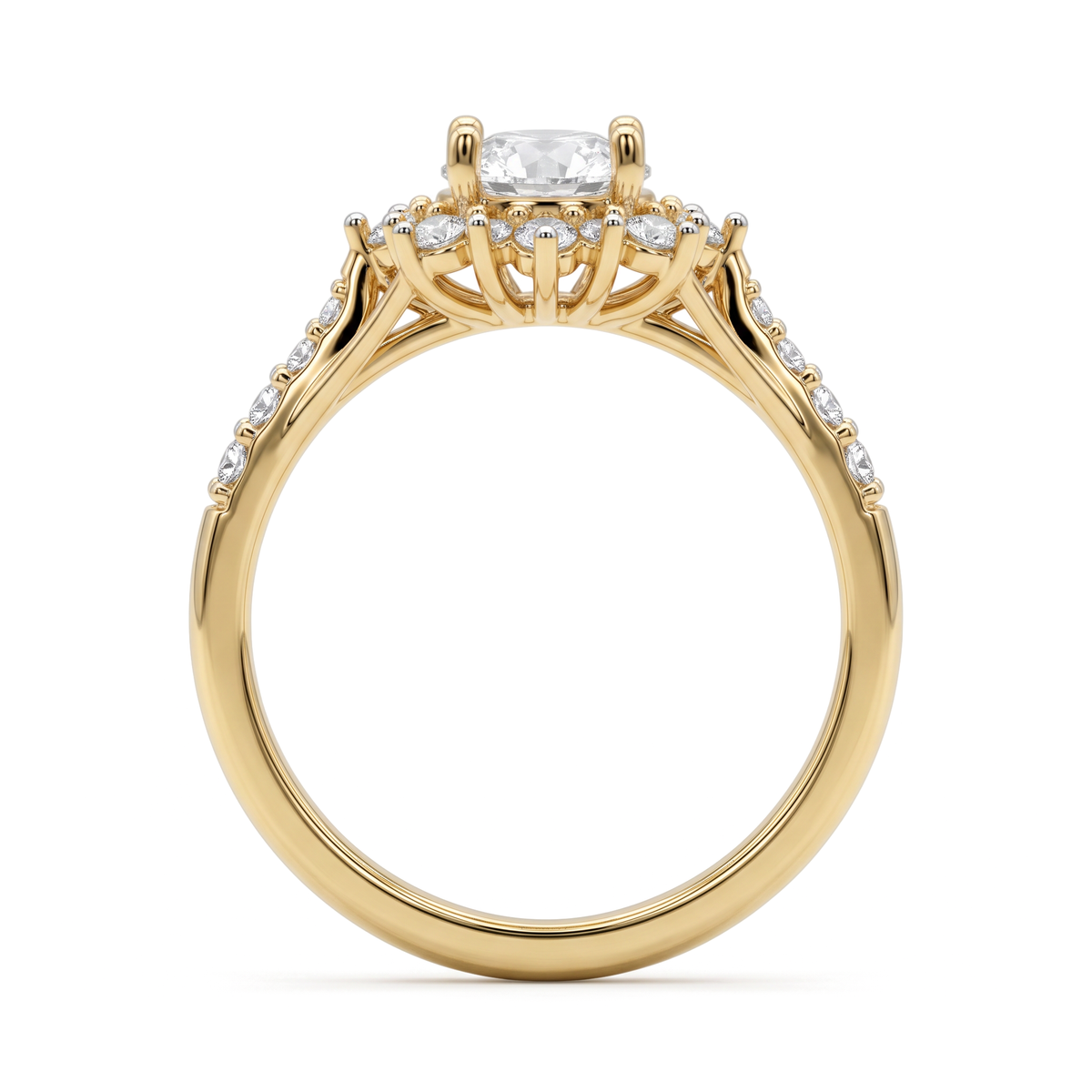 Scalloped Floral Petal Halo Pavé Shank Round Diamond Ring