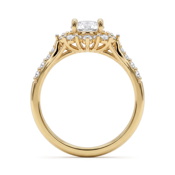 Scalloped Floral Petal Halo Pavé Shank Round Diamond Ring