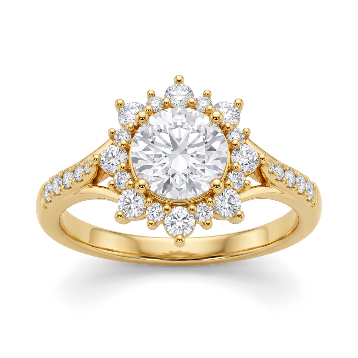 Scalloped Floral Petal Halo Pavé Shank Round Diamond Ring