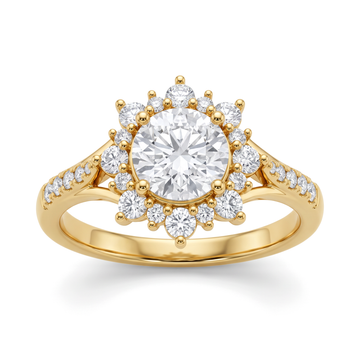Scalloped Floral Petal Halo Pavé Shank Round Diamond Ring