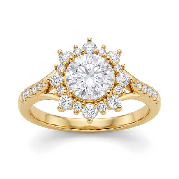 Scalloped Floral Petal Halo Pavé Shank Round Diamond Ring