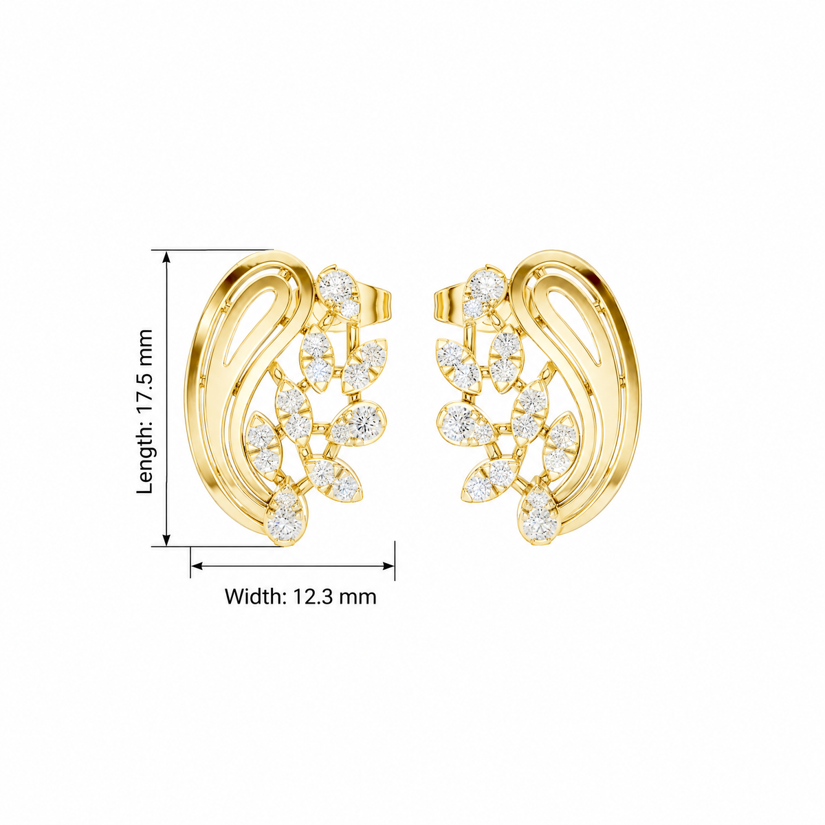 Sculptural Paisley Foliage Round Diamond Stud Earrings