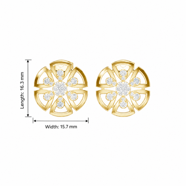 Geometric Pinwheel Floral Round Diamond Stud Earrings