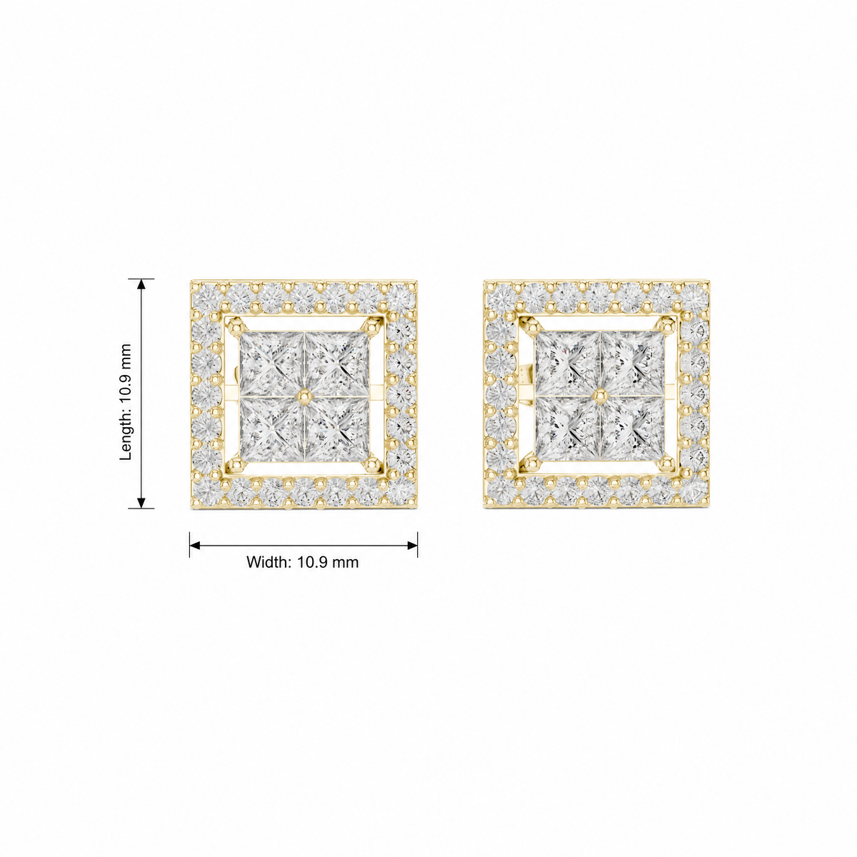 Princess Cut and Round Halo Lab Grown Stud Earrings