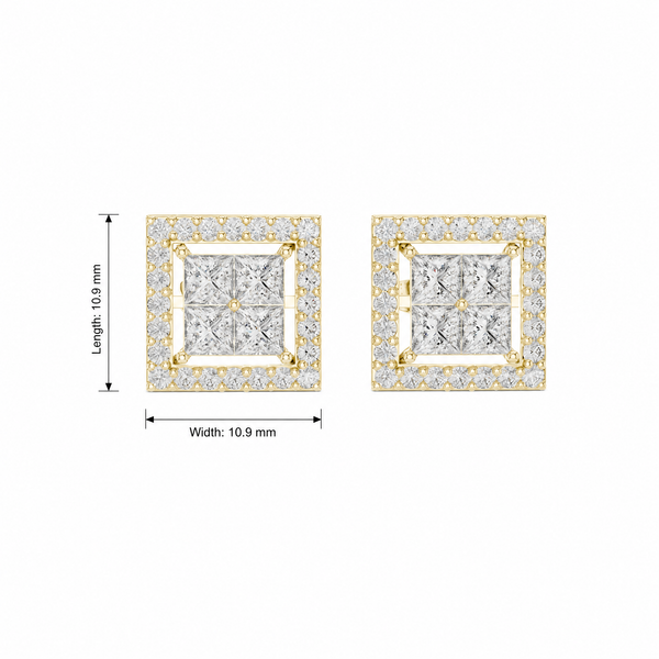 Princess Cut and Round Halo Lab Grown Stud Earrings