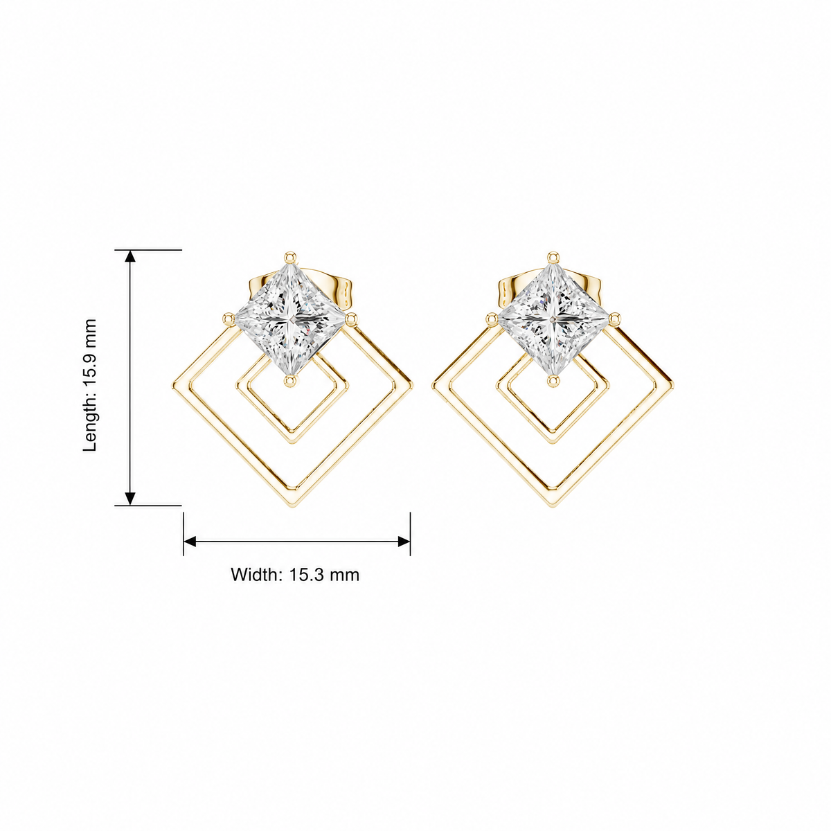 Princess Cut and Gold Frame Lab Grown Stud Earrings