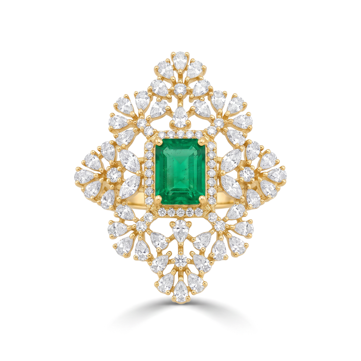 Ornate Medallion Emerald Diamond Ring