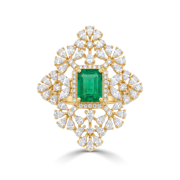 Ornate Medallion Emerald Diamond Ring