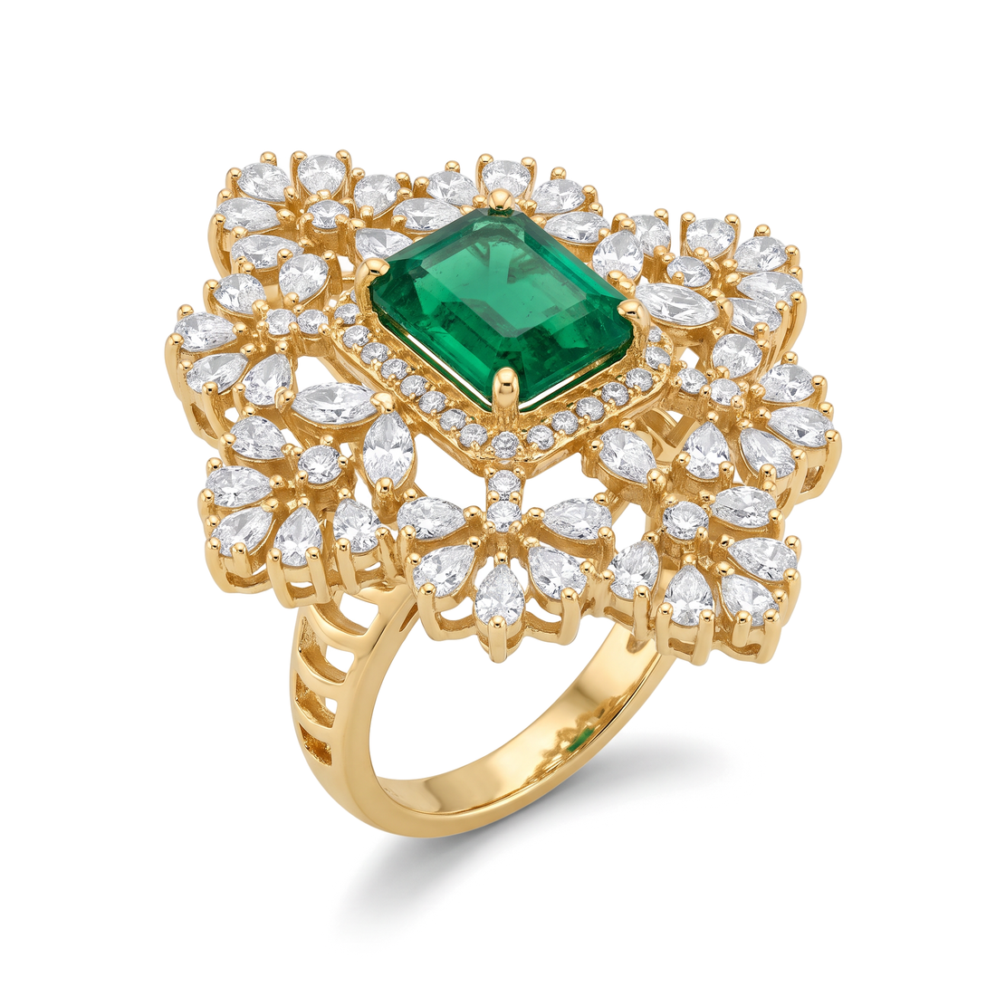 Ornate Medallion Emerald Diamond Ring