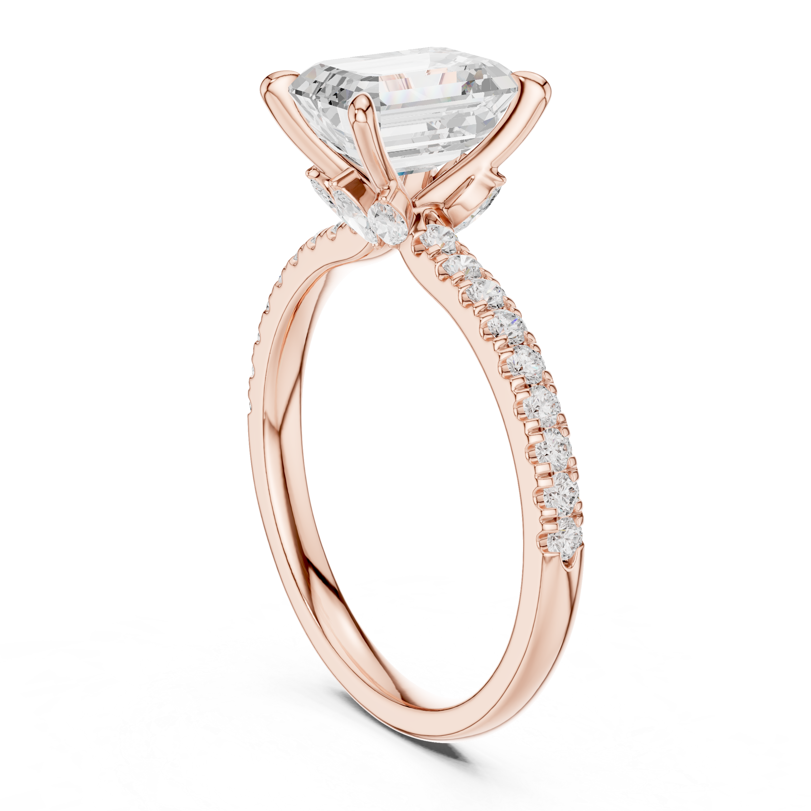 Emerald Cut Diamond Lab Grown Diamond Ring With Round & Marquise Accents
