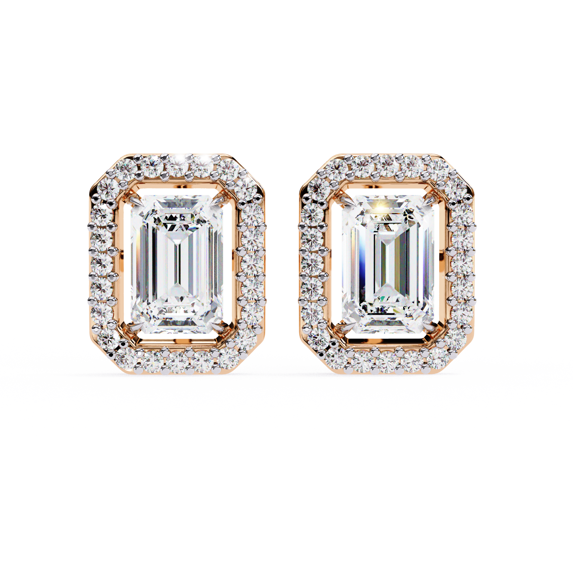 Halo Emerald Cut Diamond Stud Earrings