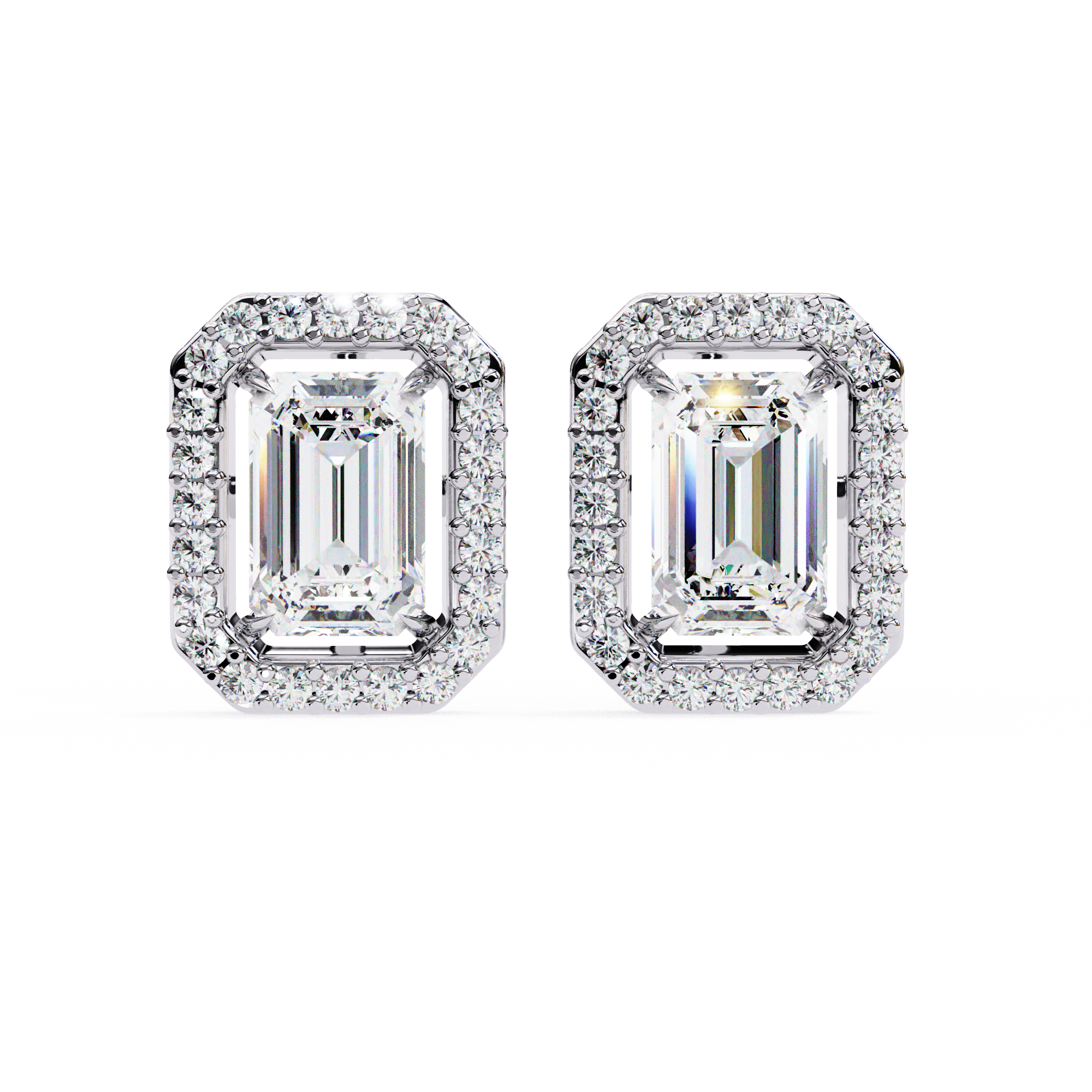 Halo Emerald Cut Diamond Stud Earrings