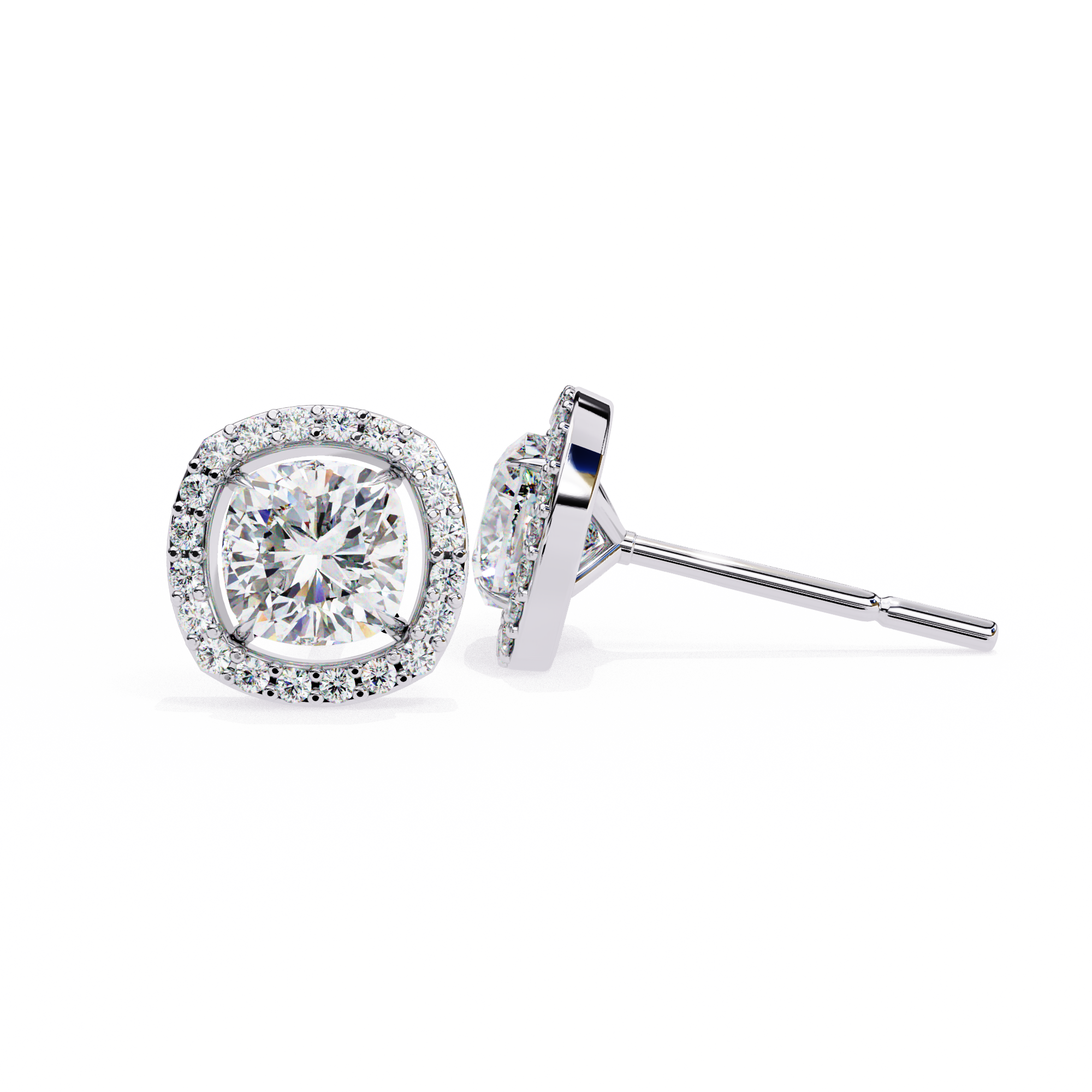 Classic Cushion Soliatire With Halo Diamond Stud Earrings