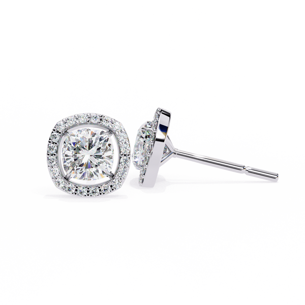 Classic Cushion Soliatire With Halo Diamond Stud Earrings