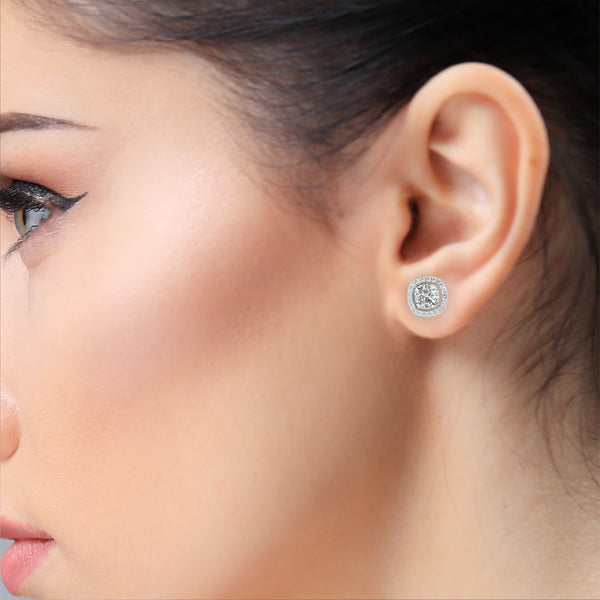 Classic Cushion Soliatire With Halo Diamond Stud Earrings