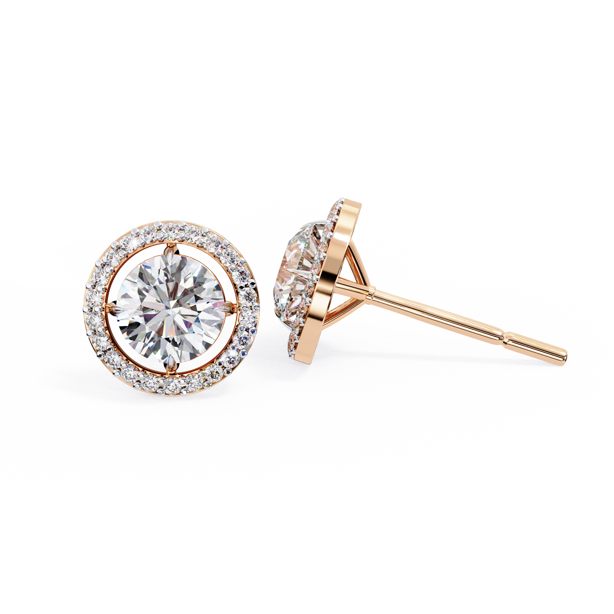 Classic Round Soliatire With Halo Diamond Stud Earrings