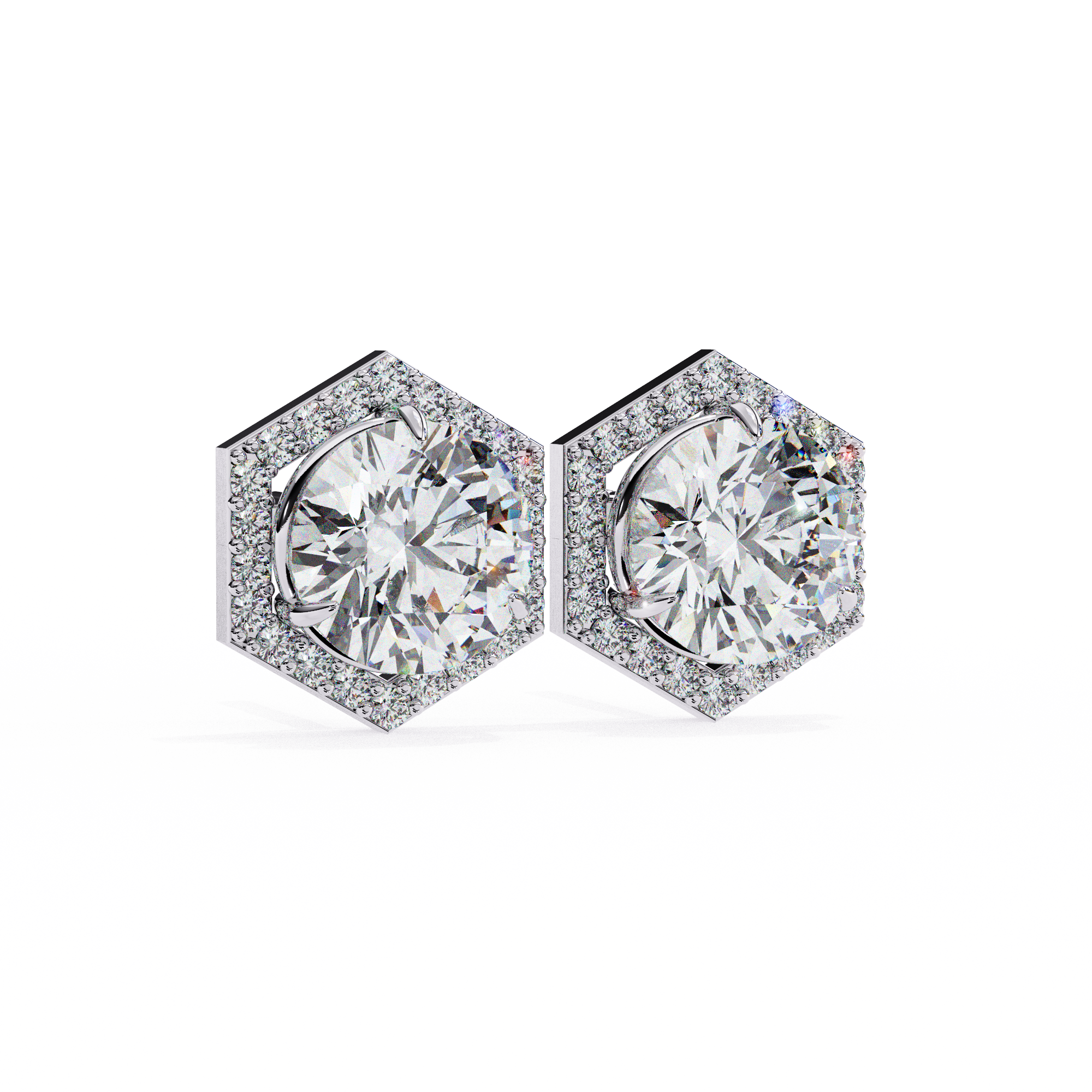Hexagonal Halo Diamond Stud Earrings
