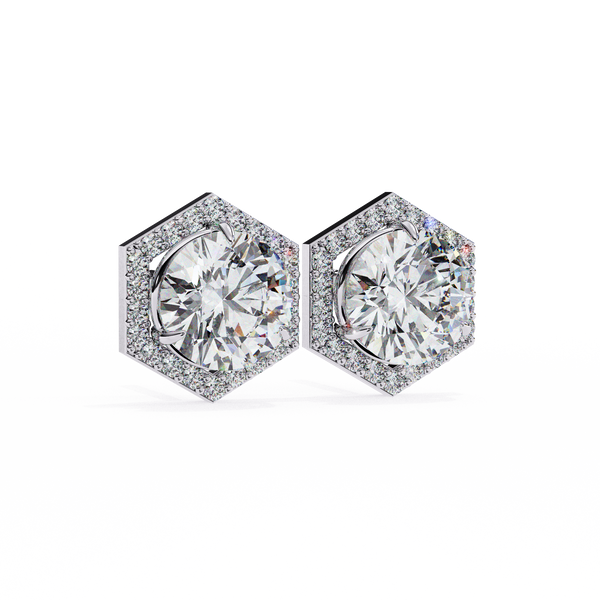 Hexagonal Halo Diamond Stud Earrings