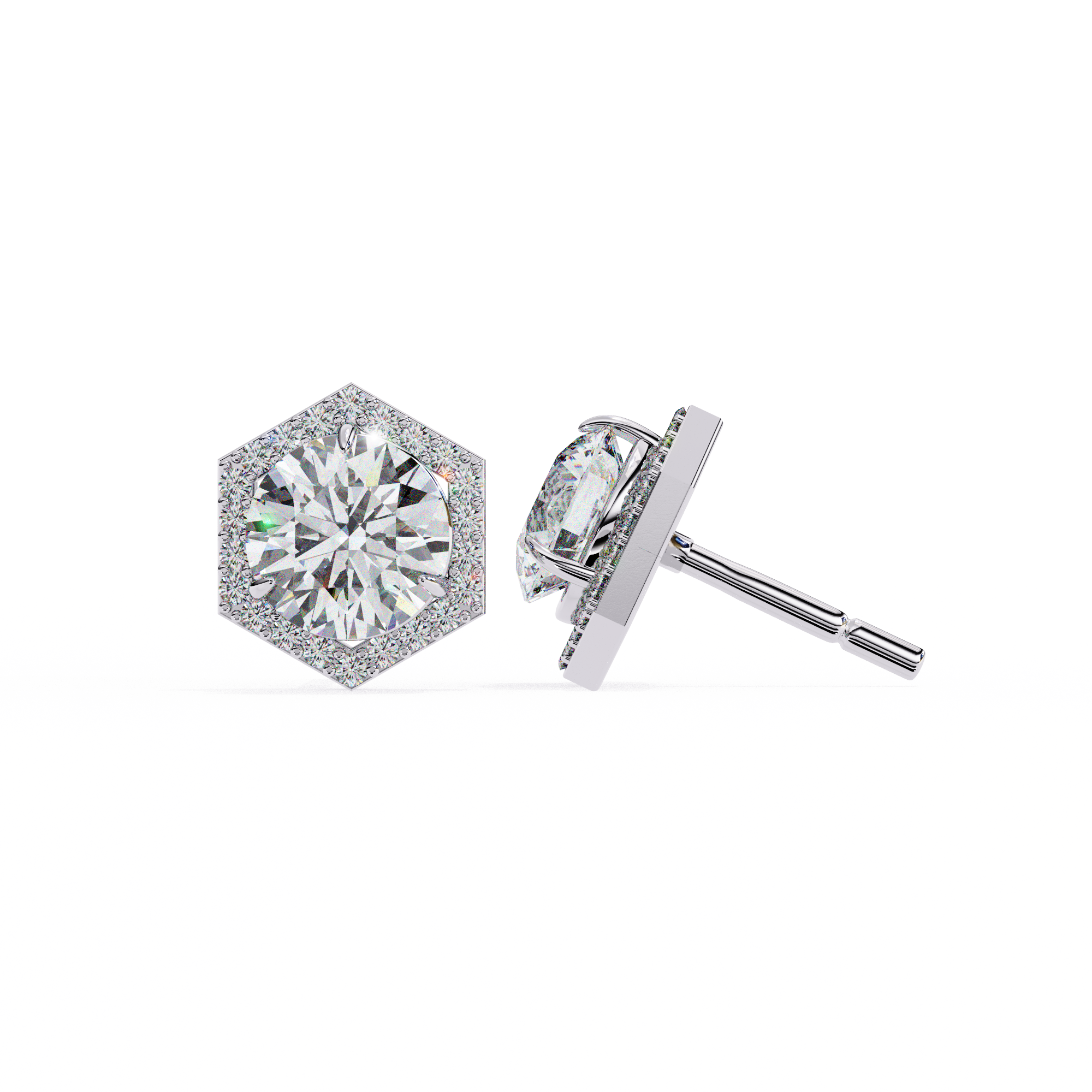 Hexagonal Halo Diamond Stud Earrings