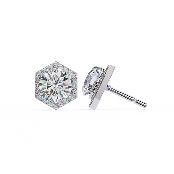 Hexagonal Halo Diamond Stud Earrings
