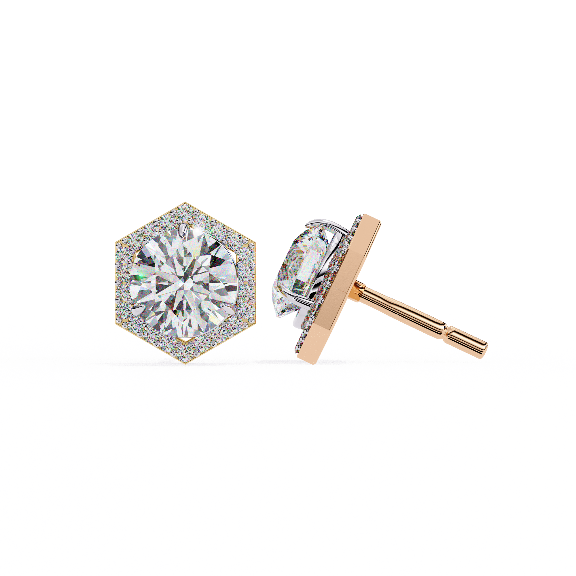 Hexagonal Halo Diamond Stud Earrings