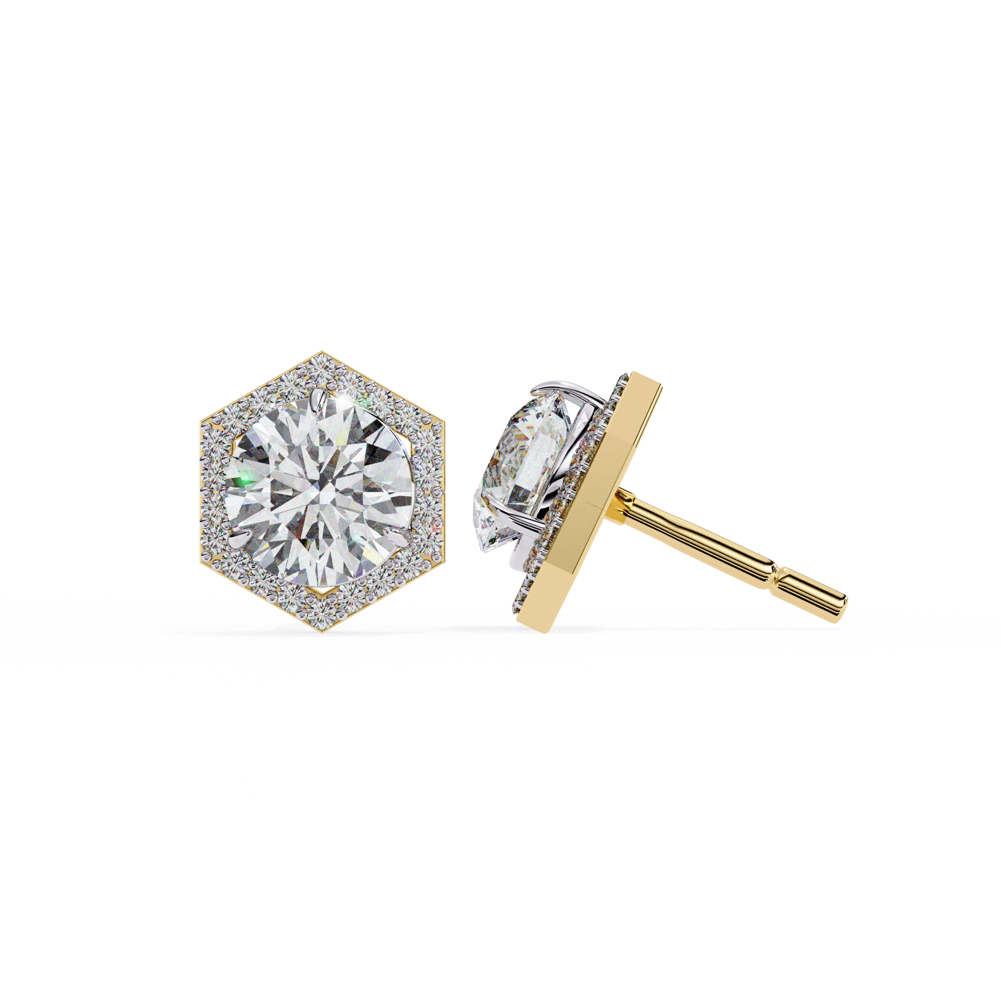 Hexagonal Halo Diamond Stud Earrings