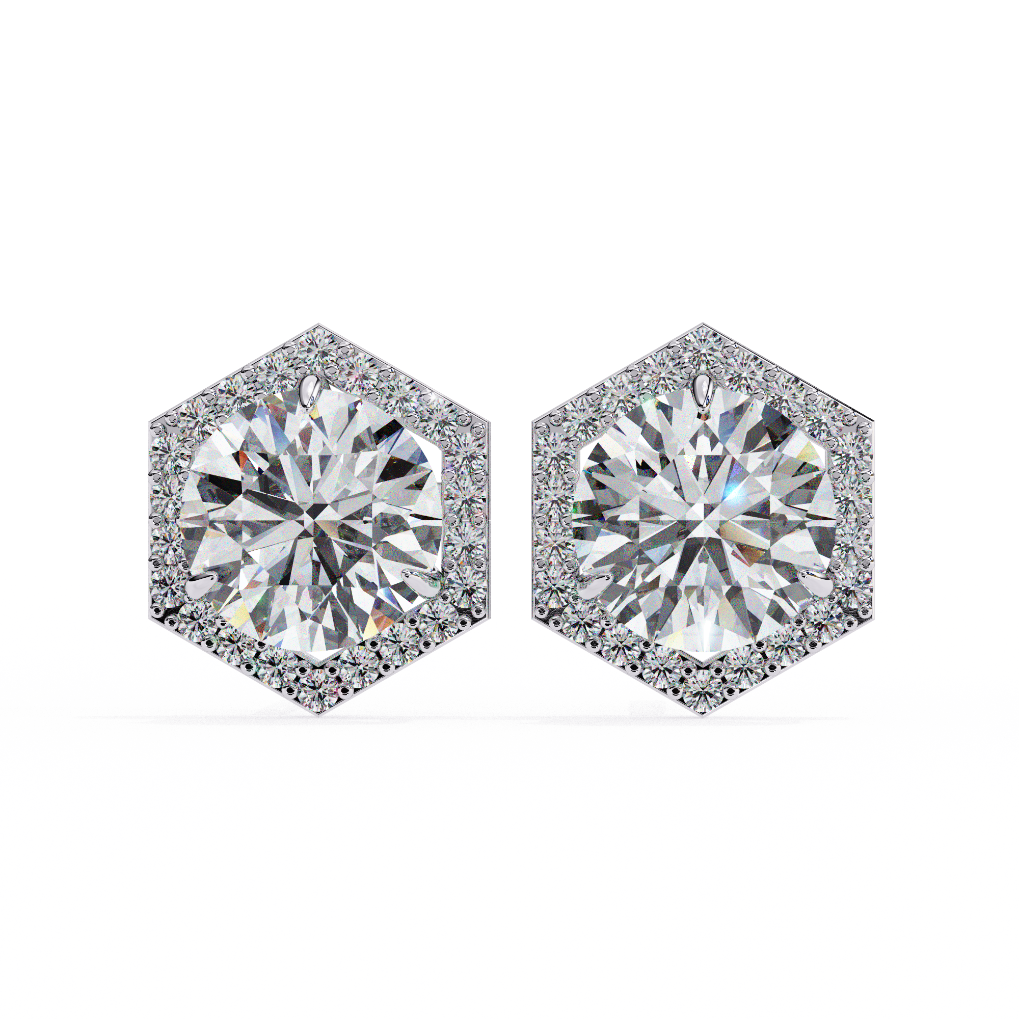 Hexagonal Halo Diamond Stud Earrings