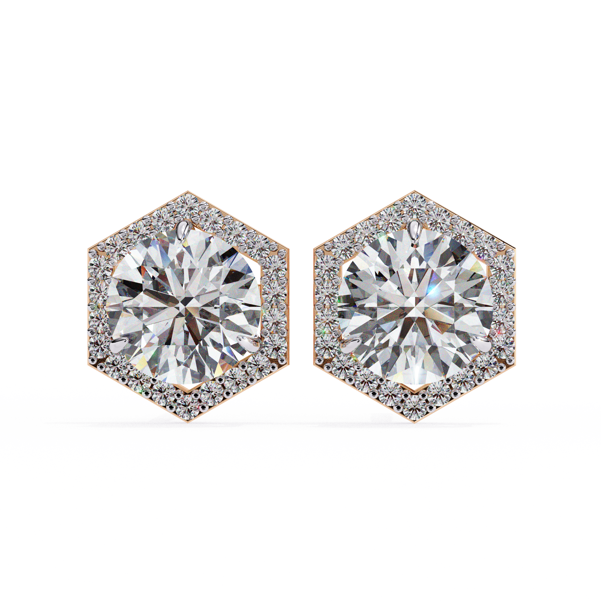Hexagonal Halo Diamond Stud Earrings