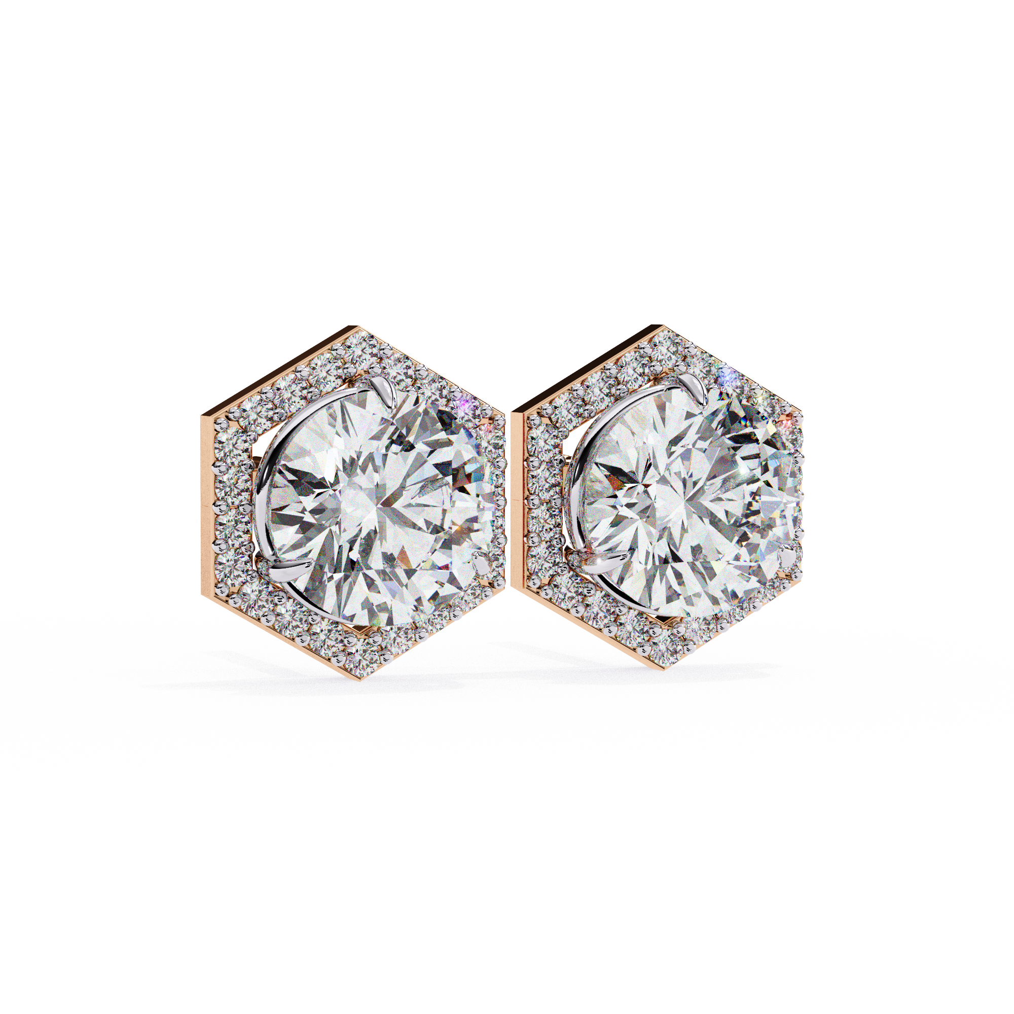 Hexagonal Halo Diamond Stud Earrings