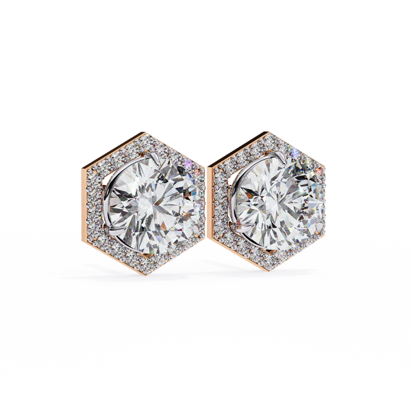 Hexagonal Halo Diamond Stud Earrings