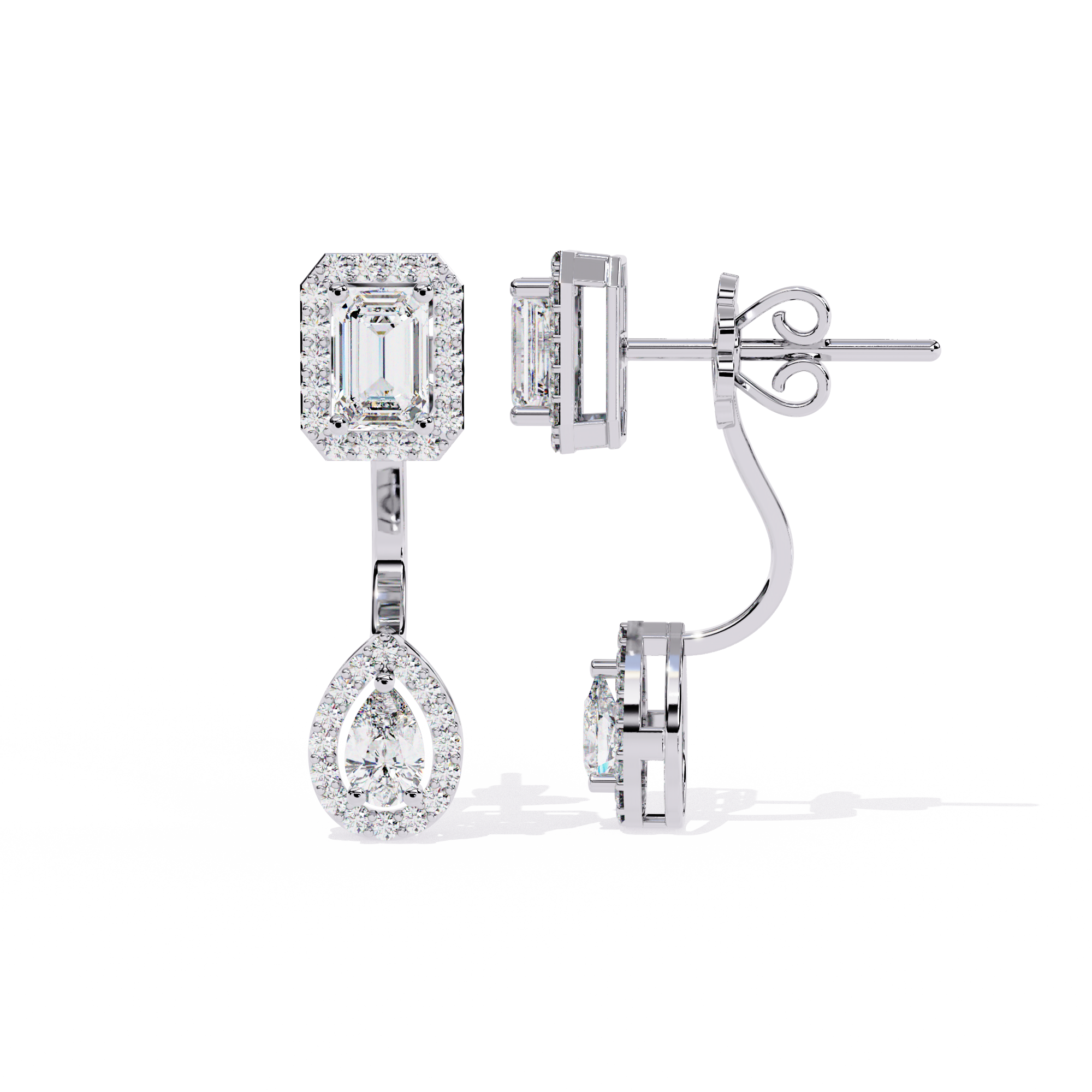 Elegant Diamond Earrings with Emerald and Pear Cut Stones"