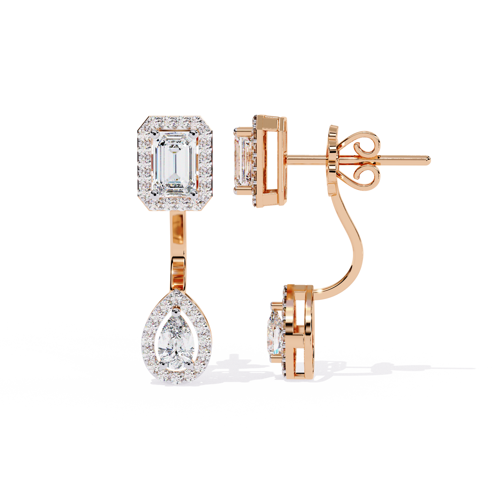 Elegant Diamond Earrings with Emerald and Pear Cut Stones"