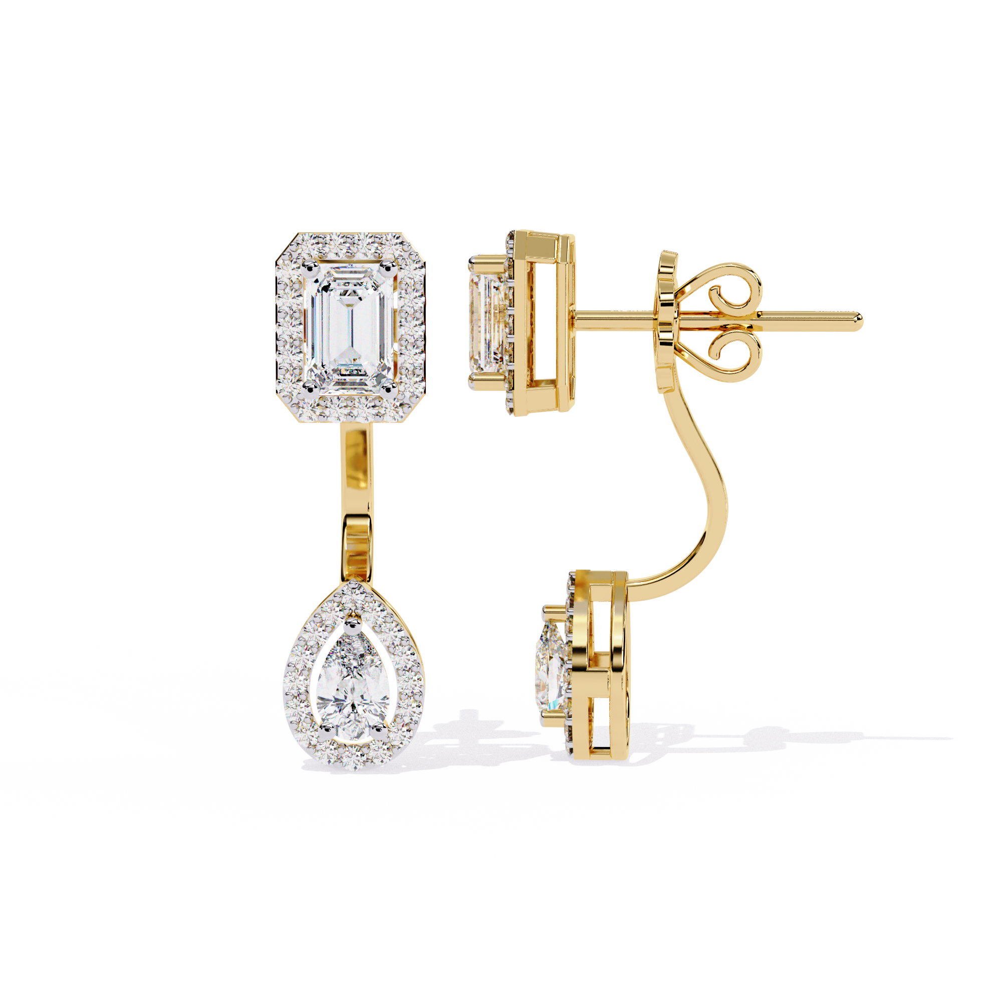 Elegant Diamond Earrings with Emerald and Pear Cut Stones"