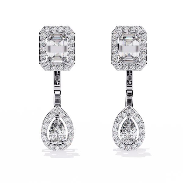Elegant Diamond Earrings with Emerald and Pear Cut Stones"