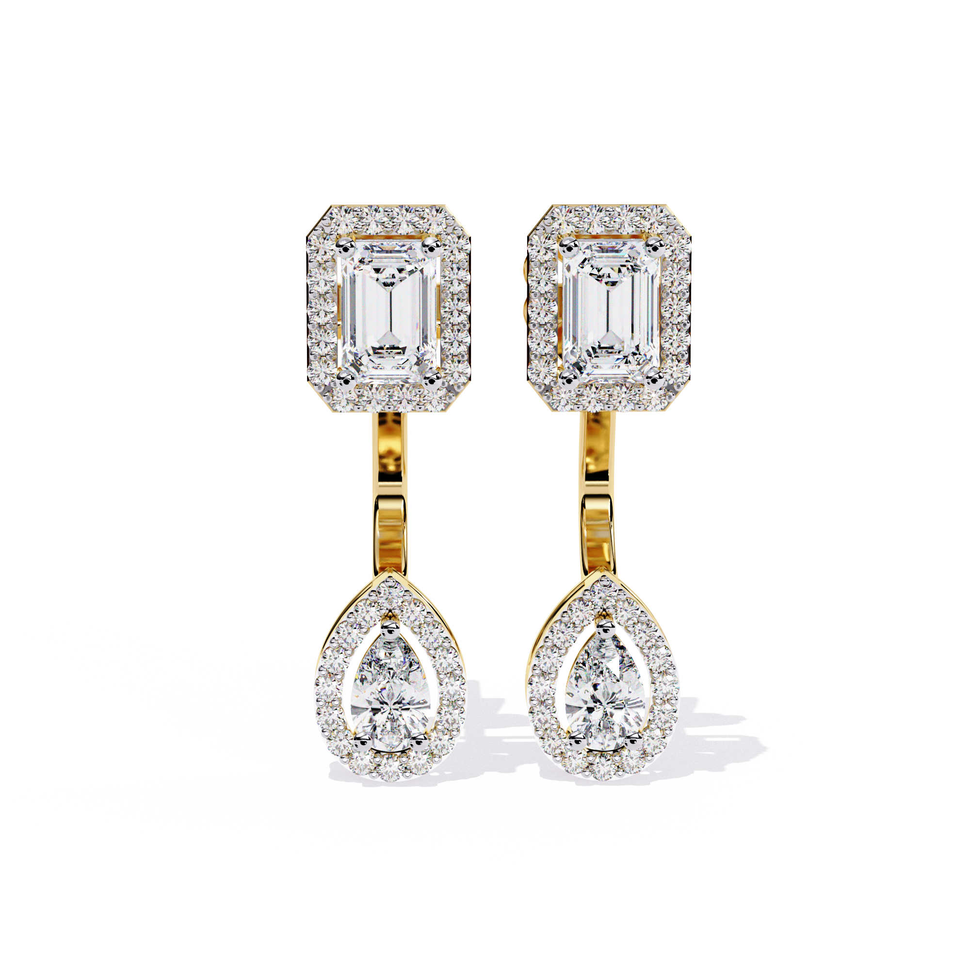 Elegant Diamond Earrings with Emerald and Pear Cut Stones"