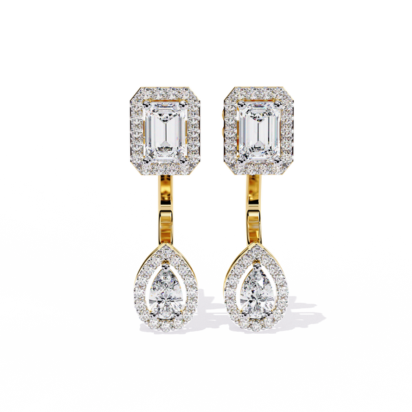 Elegant Diamond Earrings with Emerald and Pear Cut Stones"