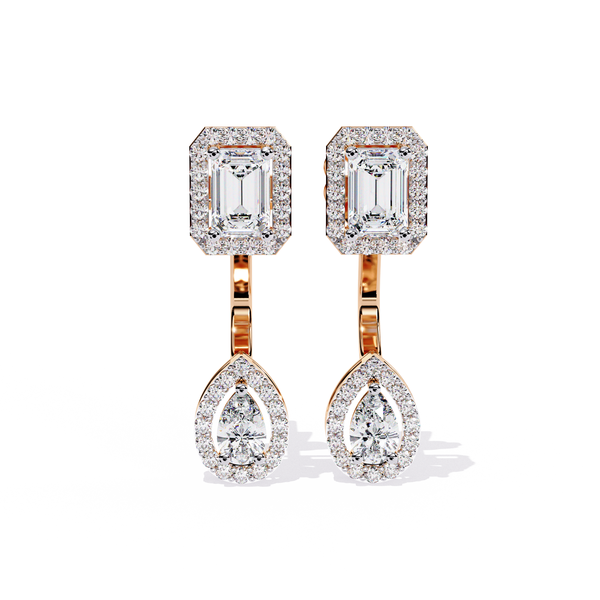 Elegant Diamond Earrings with Emerald and Pear Cut Stones"