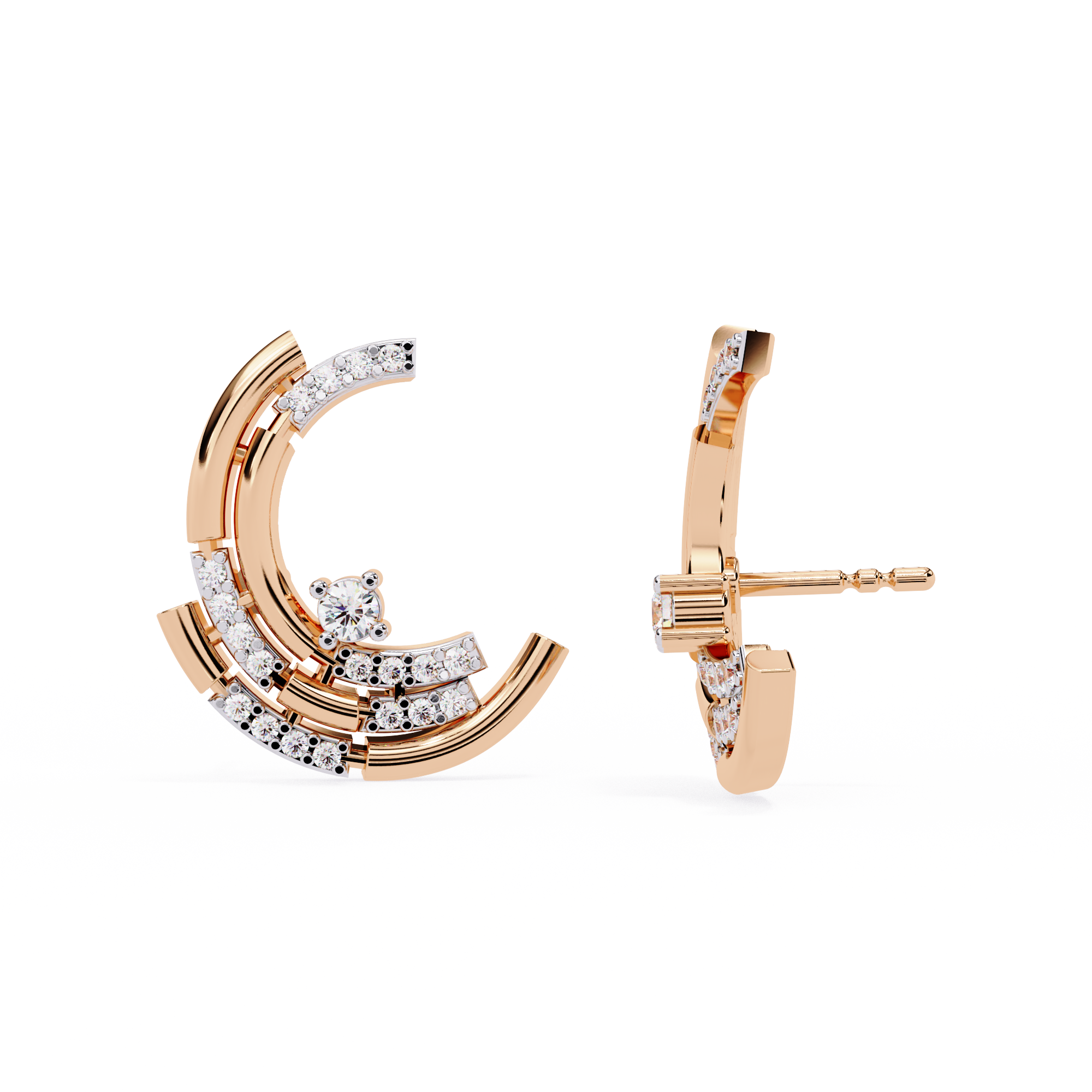 Modern Moon Phase Diamond Stud Earrings