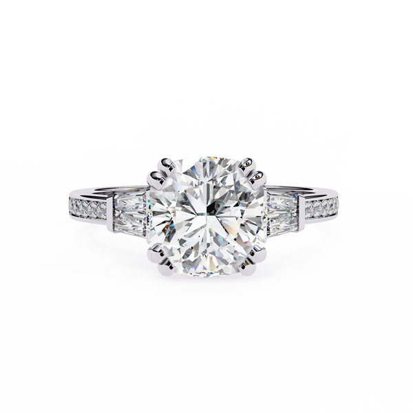 Cushion Cut Diamond Ring with Trapezoid Side Stones