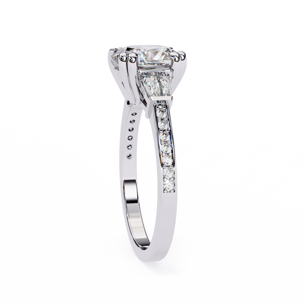 Cushion Cut Diamond Ring with Trapezoid Side Stones