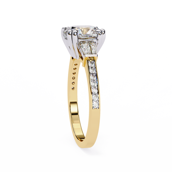 Cushion Cut Diamond Ring with Trapezoid Side Stones