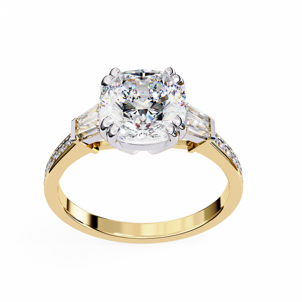 Cushion Cut Diamond Ring with Trapezoid Side Stones