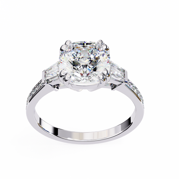 Cushion Cut Diamond Ring with Trapezoid Side Stones