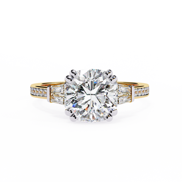 Cushion Cut Diamond Ring with Trapezoid Side Stones