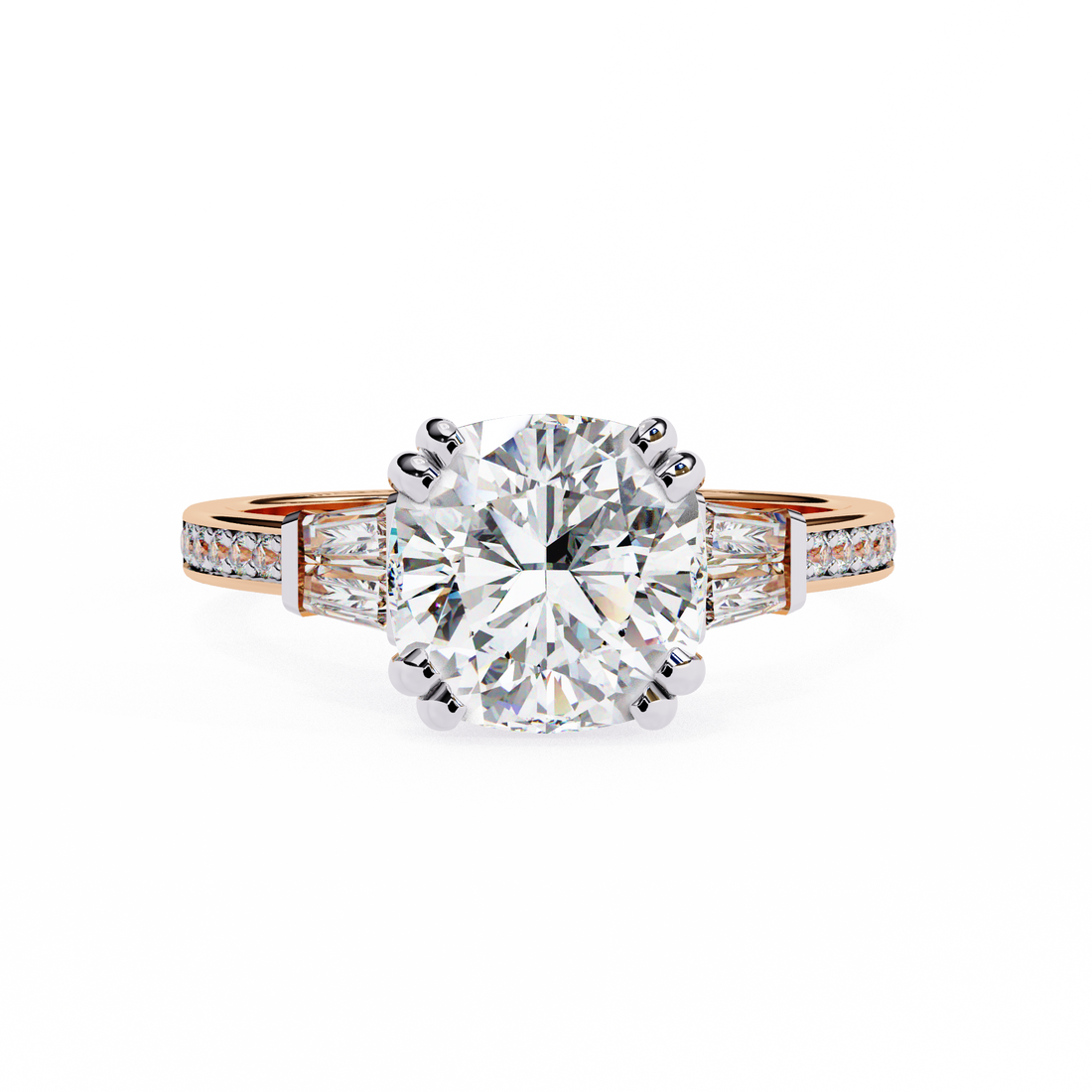 Cushion Cut Diamond Ring with Trapezoid Side Stones