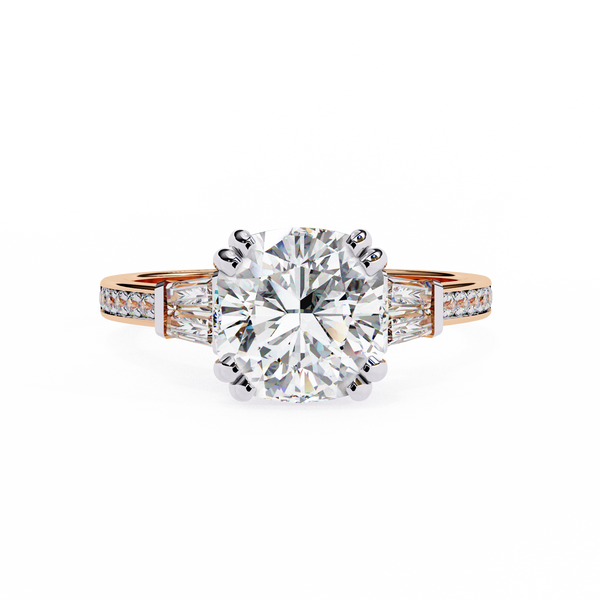 Cushion Cut Diamond Ring with Trapezoid Side Stones