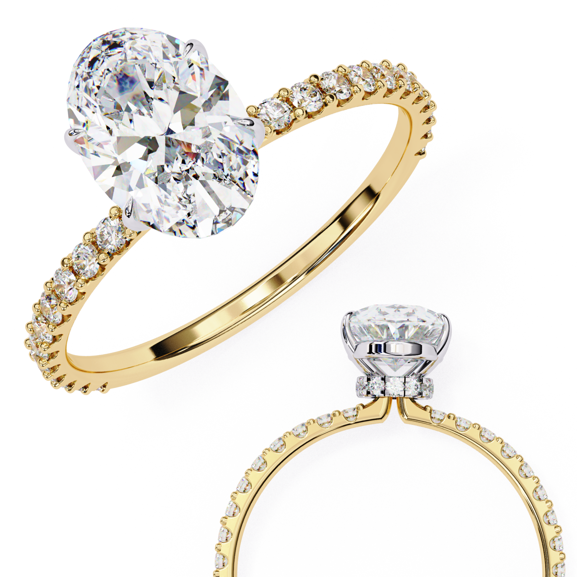 Elegant Oval Solitaire Diamond Ring with Pave Band