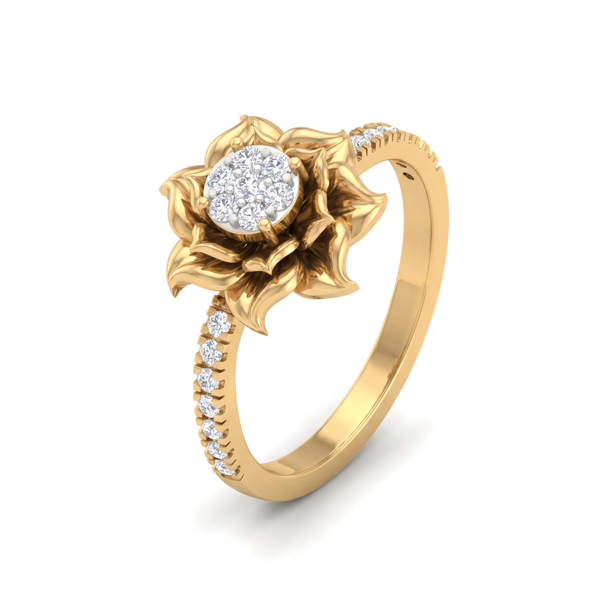 Floral Blooming Lotus Cluster Round Diamond Ring